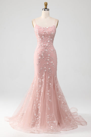 Mermaid Blush Spaghetti Straps Ball Dress with Appliques
